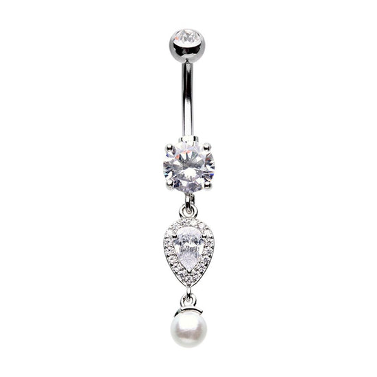 Pearl Teardrop Sparkle Cubic Zirconia Belly Button Ring