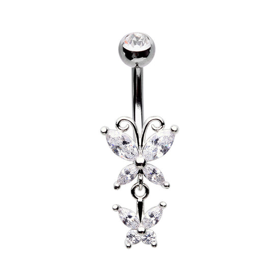 Double Butterfly Drop Cubic Zirconia Belly Button Ring