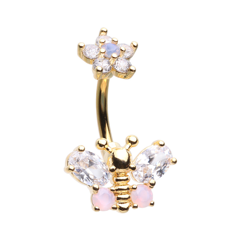 Spring Floral Butterfly Cubic Zirconia Belly Button Ring