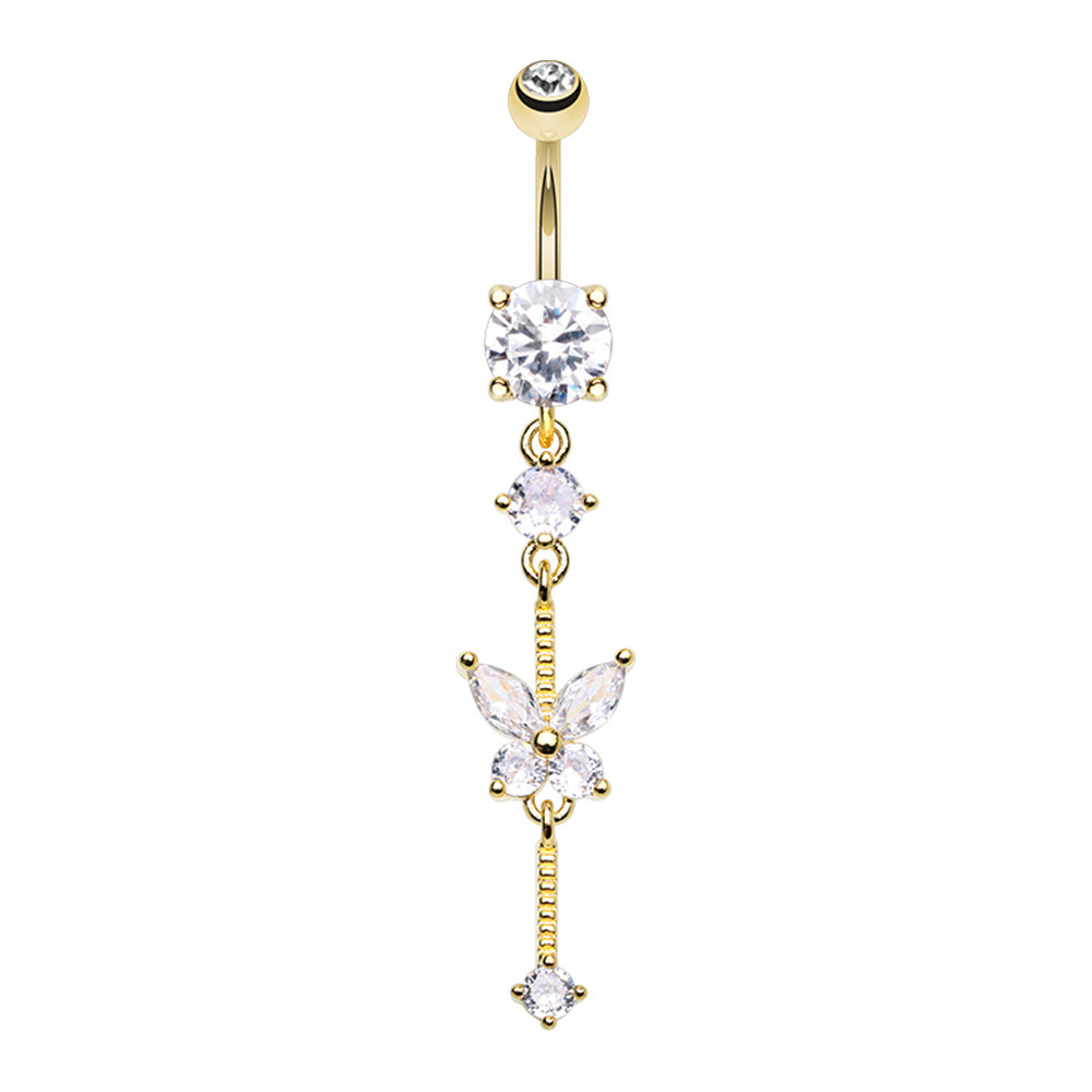 Golden Dangling Butterfly CZ Drop Cubic Zirconia Belly Button Ring