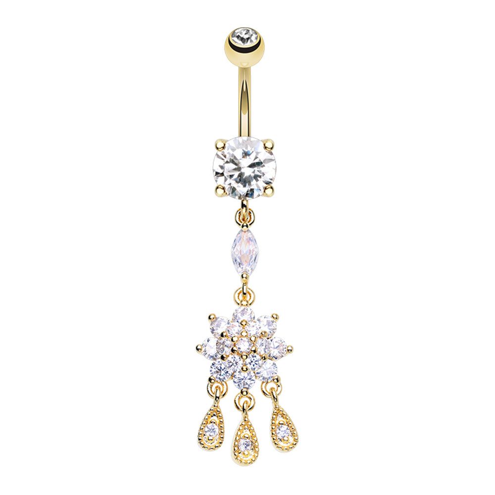 Golden Dangling Flower CZ Drop Cubic Zirconia Belly Button Ring