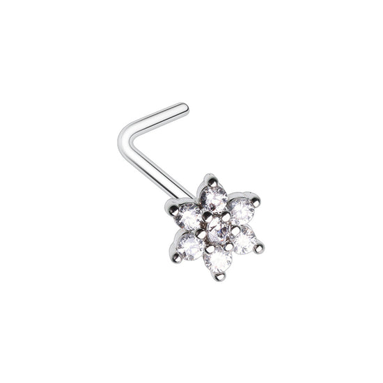 Classic Cubic Flower Prong Set Gem L-Shape Nose Ring