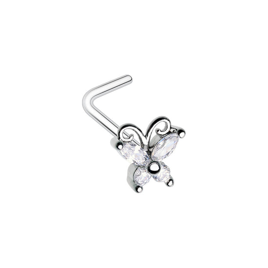 Cubic Butterfly Prong Set Gem L-Shape Nose Ring