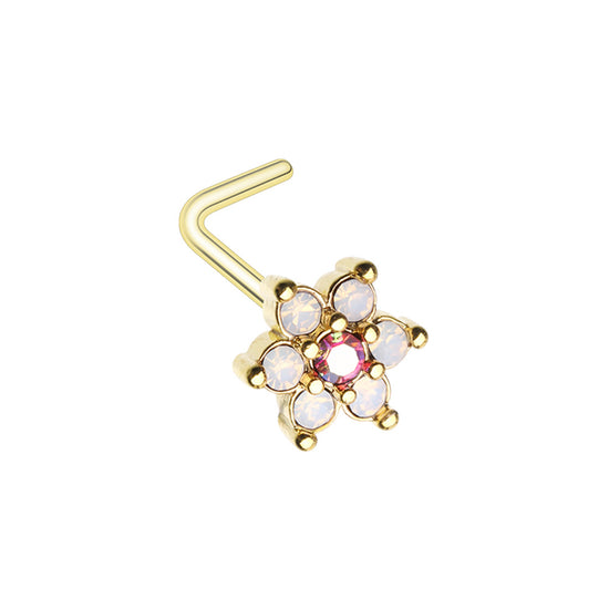 Golden Vintage Rose Pink Flower L-Shaped Nose Ring