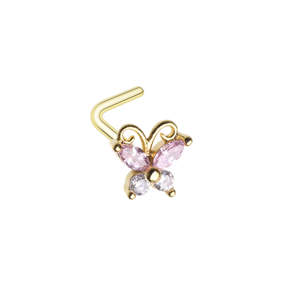 Golden Vintage Rose Pink Butterfly L-Shaped Nose Ring