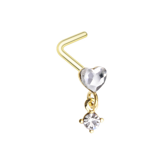 Golden Heart Prong Set Dangle Gem L-Shape Nose Ring