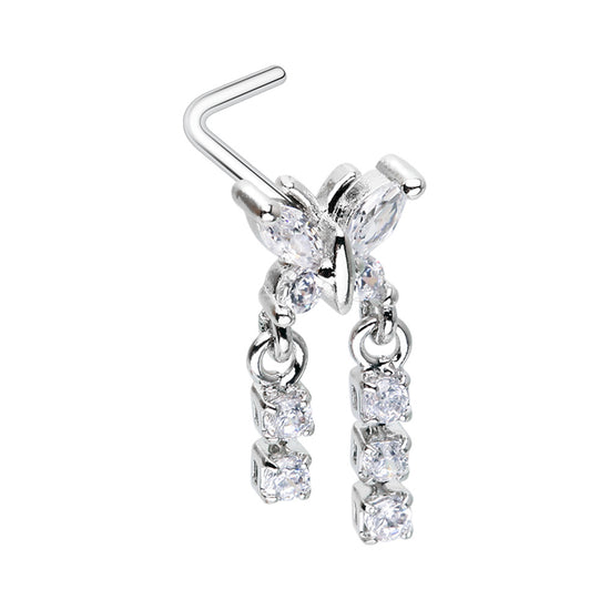 Butterfly CZ Double Dangle Gem L-Shape Nose Ring