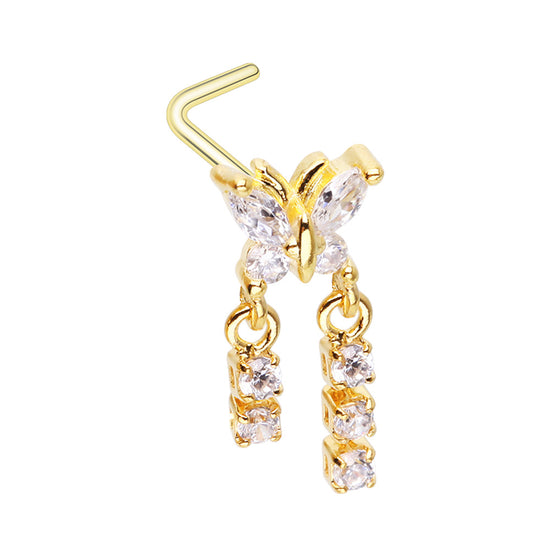 Butterfly CZ Double Dangle Gem L-Shape Nose Ring